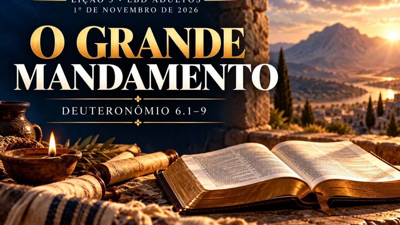 Capa da Lição 5 da EBD Adultos, O Grande Mandamento, com título dourado e branco, Bíblia aberta e paisagem montanhosa iluminada pelo pôr do sol.